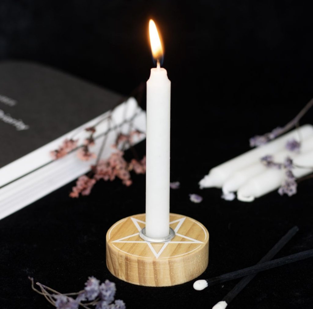 Natural Wooden Pentagram Spell Candle Holder - Pentagram and Mystical Moon