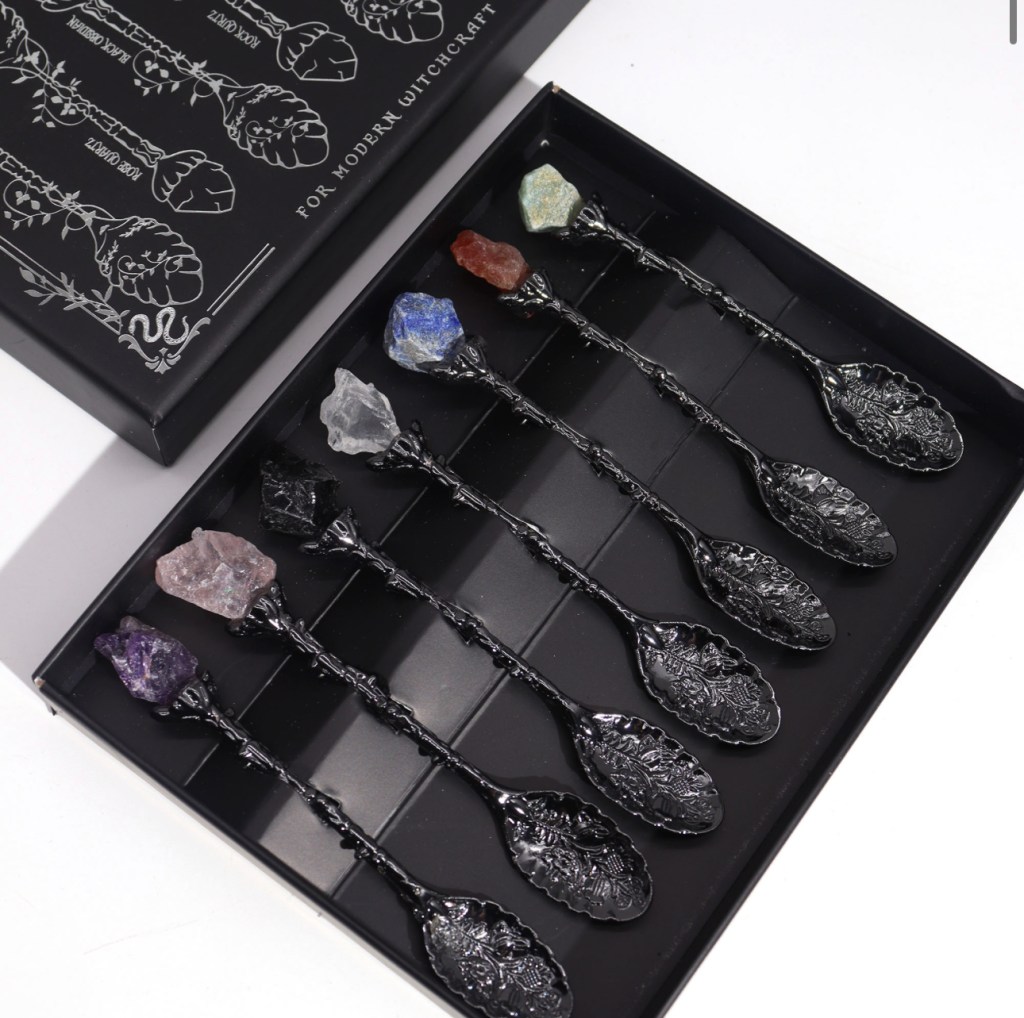 Set of 7 Dark Silver Gemstone Crystal Witch Spoons