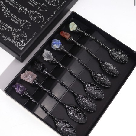 Set of 7 Dark Silver Gemstone Crystal Witch Spoons