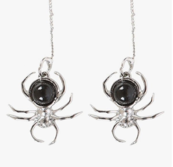 Elegant Black Obsidian Spider Threader Earrings – Stainless Steel Gothic Jewellery
