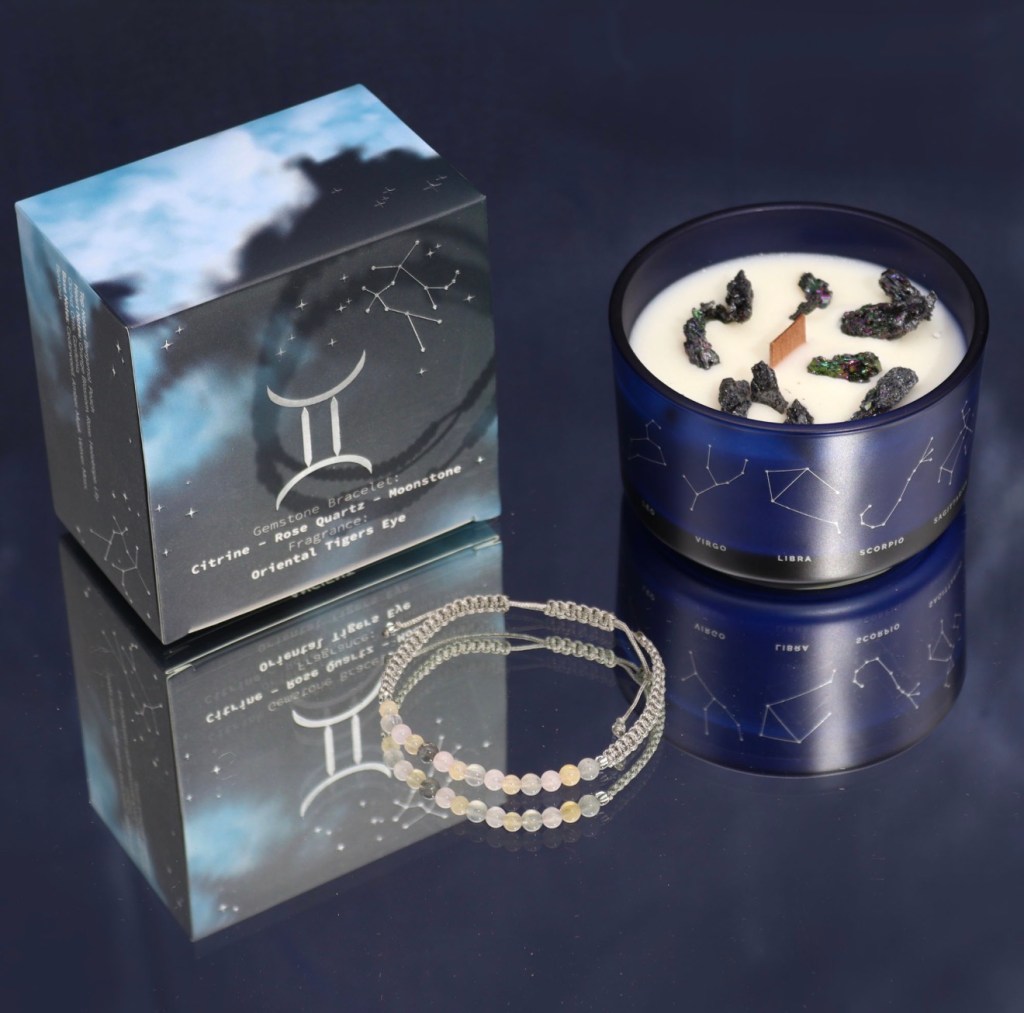 Zodiac Crystal Candle with Gemstone Bracelet - Gemini