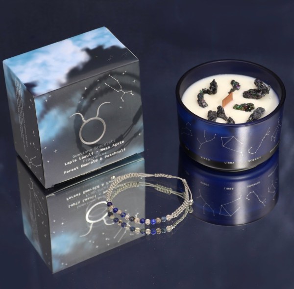 Zodiac Crystal Candle with Gemstone Bracelet - Taurus