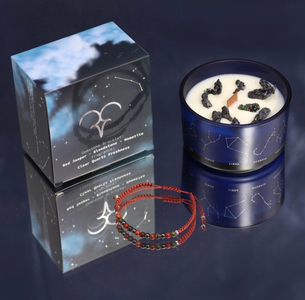 Zodiac Crystal Candle with Gemstone Bracelet - Aries