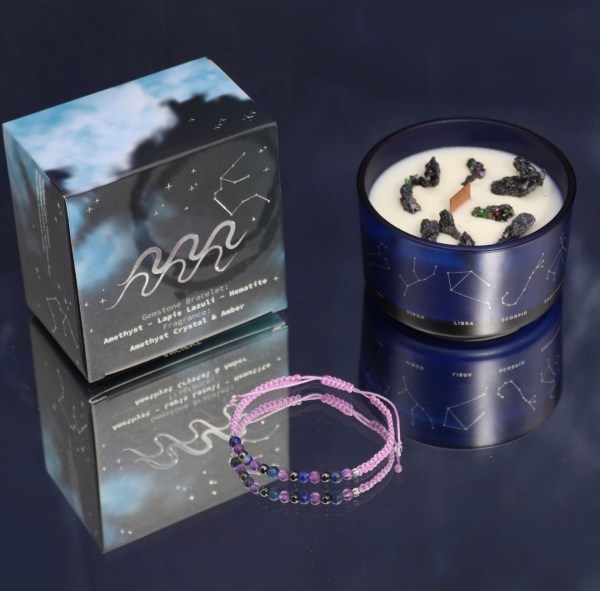 Zodiac Crystal Candle with Gemstone Bracelet - Aquarius