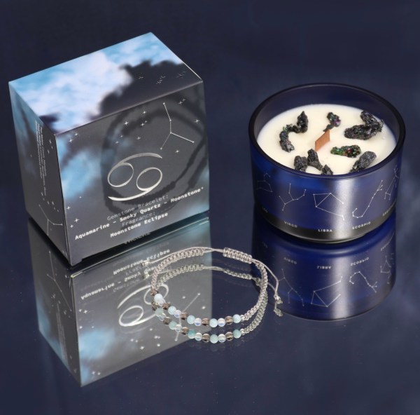 Zodiac Crystal Candle with Gemstone Bracelet - Cancer