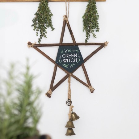 Green Witch Hanging Willow Pentagram With Bells