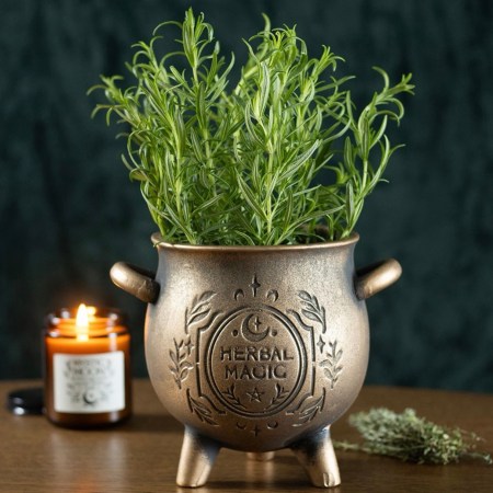 Herbal Magic Bronze Effect Terracotta Cauldron Plant Pot